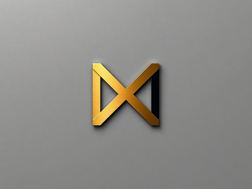 A sleek geometric logo mark in brushed gold and matte black, placed on a textured grey background. Minimalist and premium. Photorealistic, 8k.